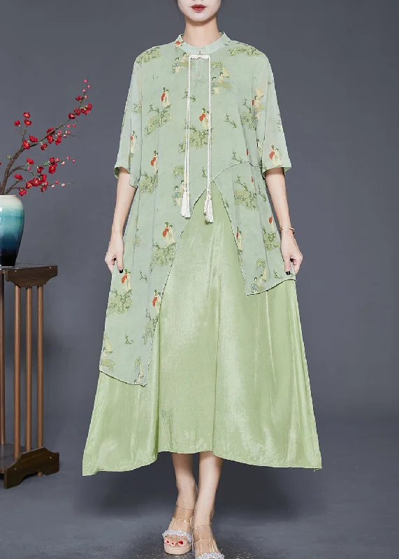 Vintage Green Tasseled Print Silk Long Dresses Summer Tunics Formal black
