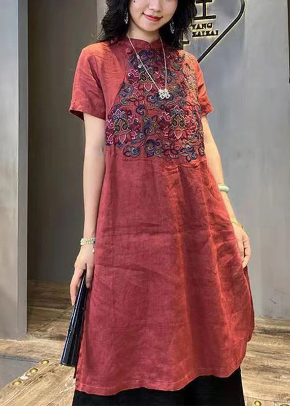 Vintage Mulberry Stand Collar Embroideried Linen Long Dress Short Sleeve Tunics Handmade artisanal Vintage Mulberry Stand Collar Embroideried Linen Long Dress Short Sleeve Tunics Handmade artisanal