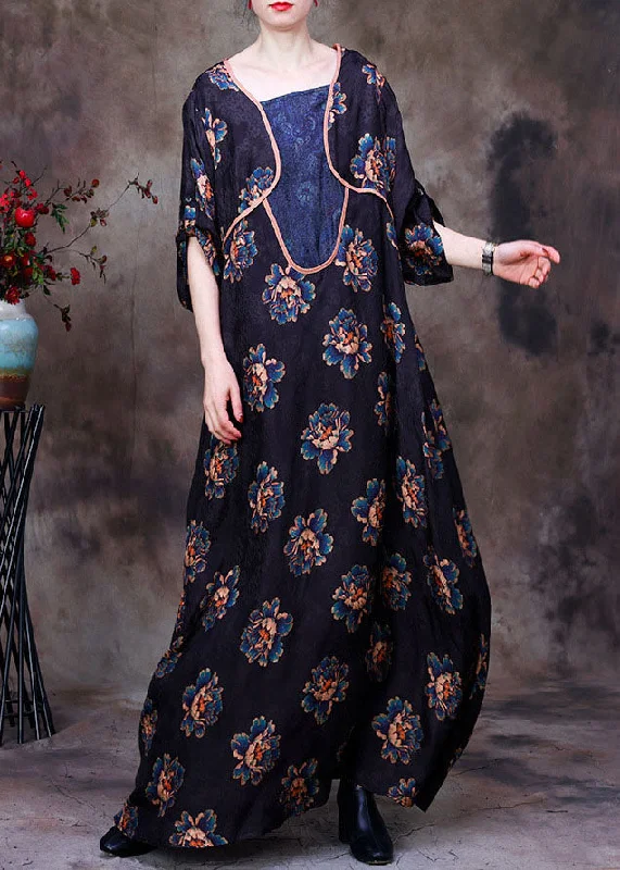 Vintage Navy Asymmetrical Patchwork Floral Print Silk Long Dress Long Sleeve Tunics Modern contemporary Vintage Navy Asymmetrical Patchwork Floral Print Silk Long Dress Long Sleeve Tunics Modern contemporary