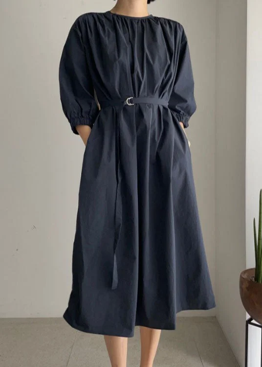 Vintage Navy O-Neck tie waist Cotton Mid Dress Half Sleeve Long Dress Tunics Custom made Vintage Navy O-Neck tie waist Cotton Mid Dress Half Sleeve Long Dress Tunics Custom made