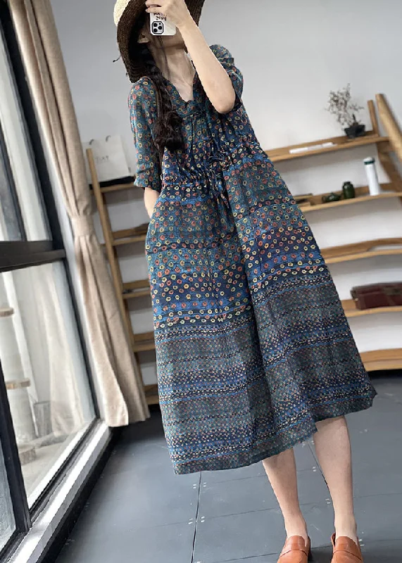 Vintage Navy V Neck Cinched Print Linen Long Dress Short Sleeve Tunics Brand named