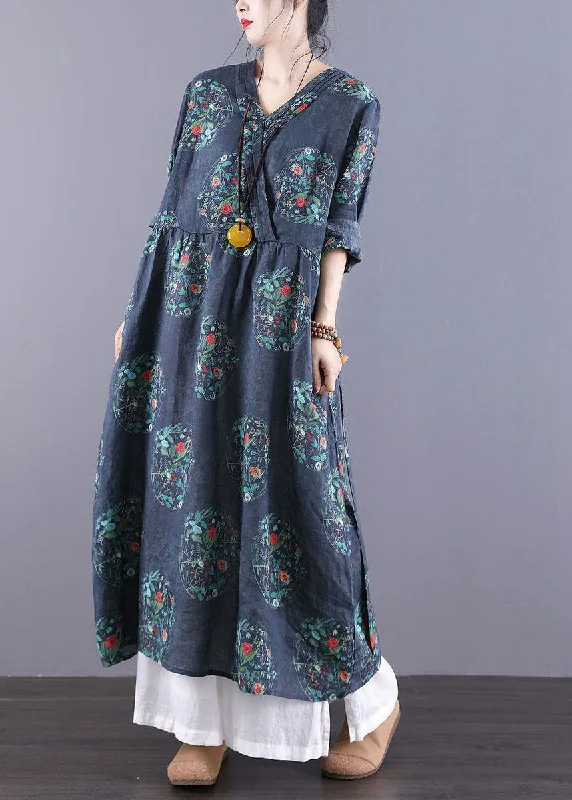 Vintage Navy V Neck Print Side Open Linen Oriental Long Dress Spring Tunics Fall fleece Vintage Navy V Neck Print Side Open Linen Oriental Long Dress Spring Tunics Fall fleece