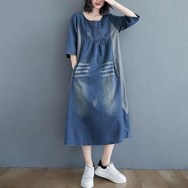 Vintage O-neck Patchwork Jeans Loose Female A-line Long Dress Tunics Sale discount