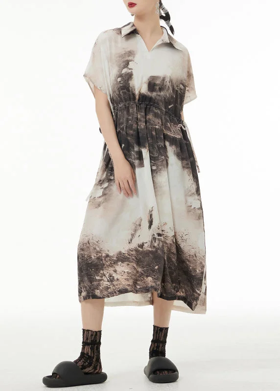 Vintage Peter Pan Collar Tie DyeTie Waist Patchwork Silk Long Dresses Summer Tunics Ceremony elegant