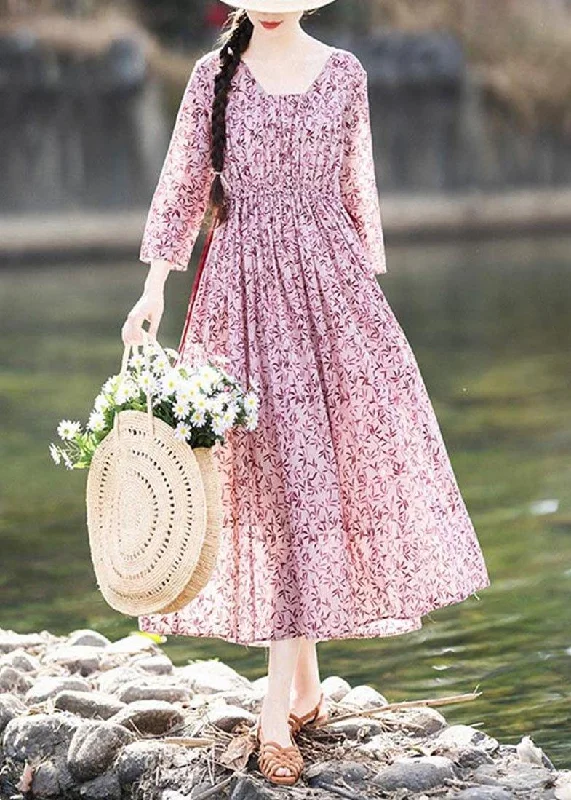 Vintage Pink Purple Print Cinched Cotton Pockets Summer Long Dresses Tunics Bestseller popular Vintage Pink Purple Print Cinched Cotton Pockets Summer Long Dresses Tunics Bestseller popular