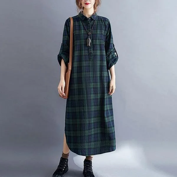 Vintage Plaid Turn-down Collar Loose Female Cotton Linen Long Dresses Tunics New arrival Vintage Plaid Turn-down Collar Loose Female Cotton Linen Long Dresses Tunics New arrival