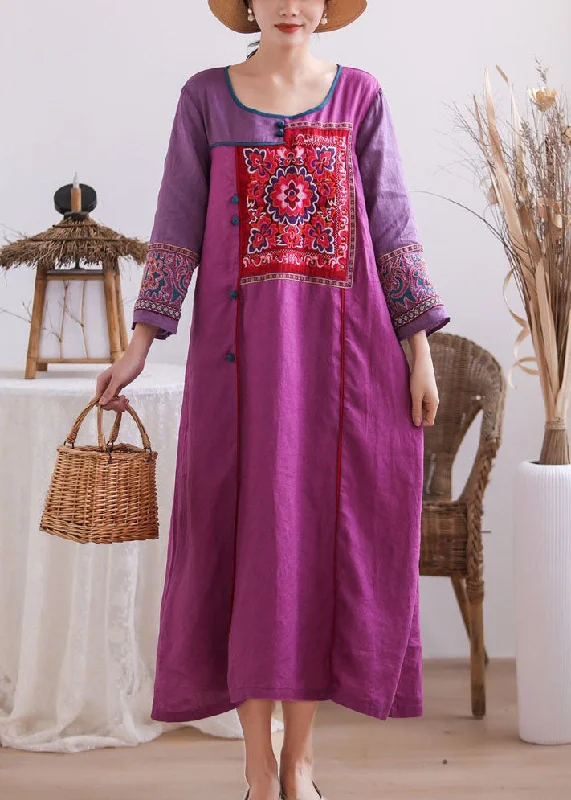 Vintage Purple Embroideried Chinese Button Patchwork Linen Long Dresses Summer Tunics Yoga stretchy Vintage Purple Embroideried Chinese Button Patchwork Linen Long Dresses Summer Tunics Yoga stretchy