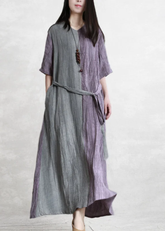 Vintage Purple Grey Patchwork V Neck Pockets wrinkled Tie Waist Linen Dress Half Sleeve Tunics Hiking breathable Vintage Purple Grey Patchwork V Neck Pockets wrinkled Tie Waist Linen Dress Half Sleeve Tunics Hiking breathable