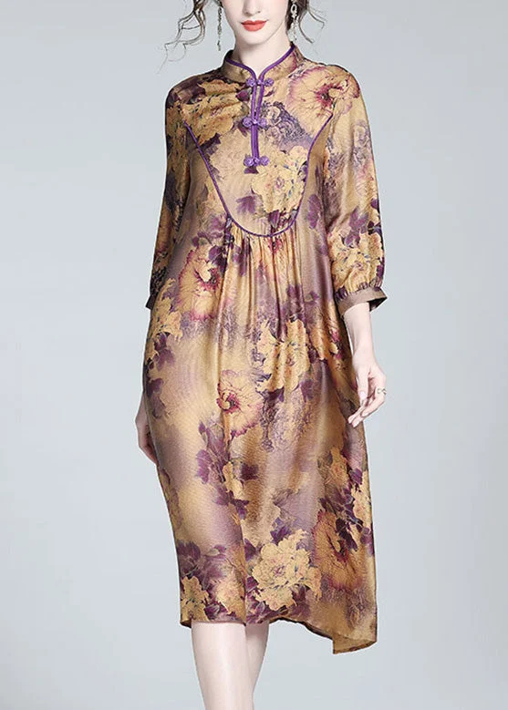 Vintage Purple Stand Collar Print Button Long Dress Spring Tunics Canvas sturdy