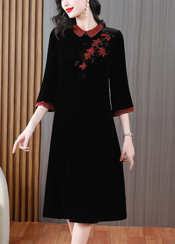 Vintage Red Peter Pan Collar Embroideried Silk Velour Long Dress Long Sleeve Tunics Distressed trendy Vintage Red Peter Pan Collar Embroideried Silk Velour Long Dress Long Sleeve Tunics Distressed trendy