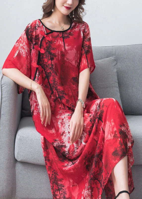 Vintage Red Print Chinese Button Patchwork Chiffon Long Dresses Summer Tunics Gym athletic Vintage Red Print Chinese Button Patchwork Chiffon Long Dresses Summer Tunics Gym athletic