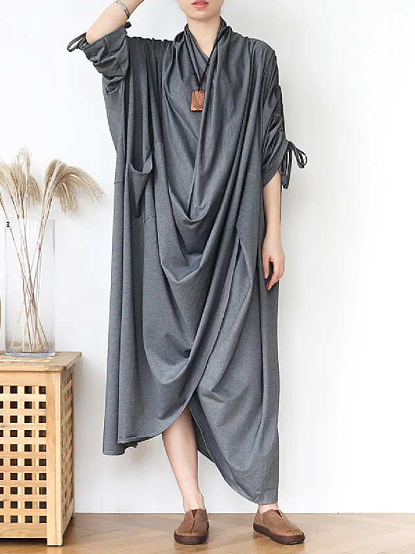 Vintage Solid Pleated Irregular Long Dress Summer Tunics Running lightweight