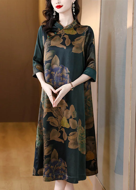 Vintage Stand Collar Print Button Silk Long Dress Fall Tunics Denim casual