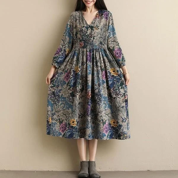 Vintage Style V-neck Print Elastic Waist Elegant A-line Ladies Casual Dress Tunics Party sparkling Vintage Style V-neck Print Elastic Waist Elegant A-line Ladies Casual Dress Tunics Party sparkling