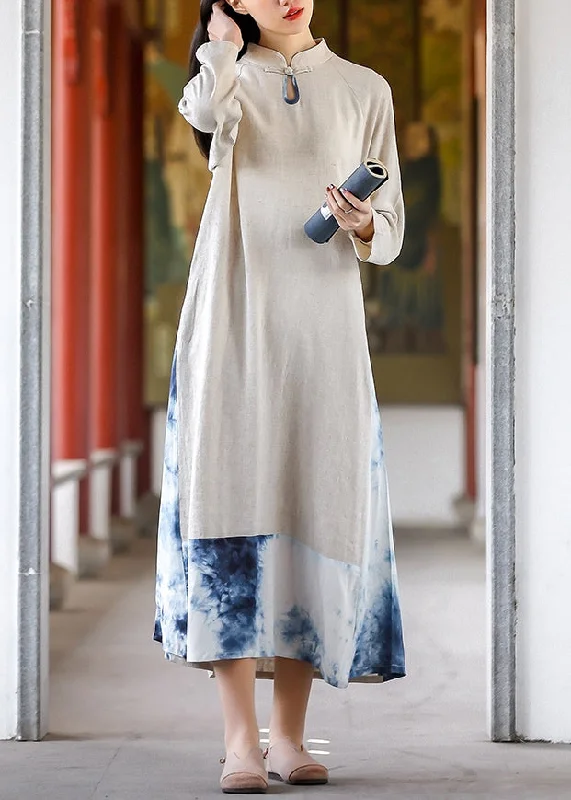 Vintage Tie Dye Stand Collar Pockets Cotton Long Dresses Fall Tunics Chinos classic