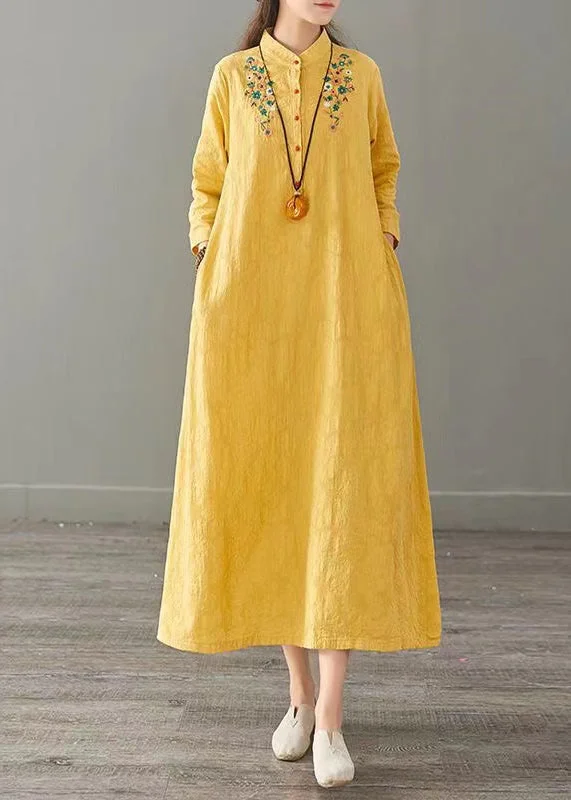 Vintage Yellow Embroideried Patchwork Cotton Long Dresses Fall Tunics Trousers formal Vintage Yellow Embroideried Patchwork Cotton Long Dresses Fall Tunics Trousers formal
