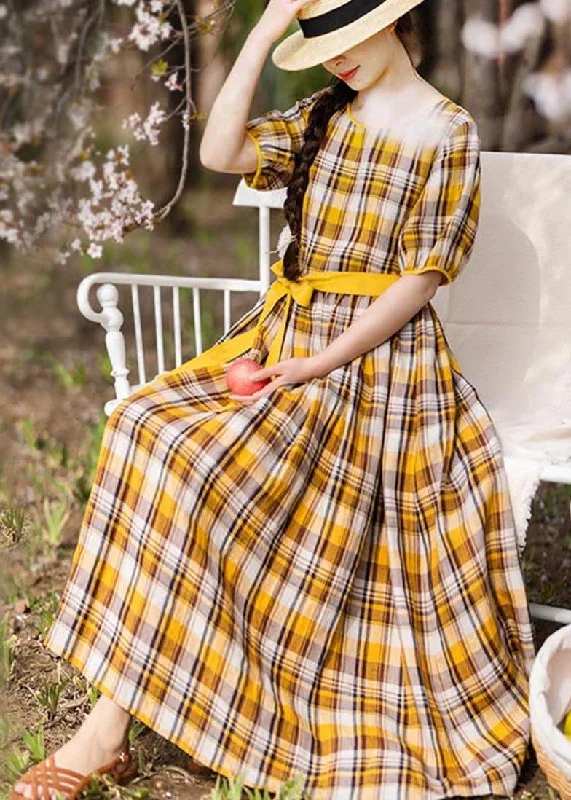 Vintage Yellow Plaid tie waist Mid Summer Linen Dress Tunics Evening elegant