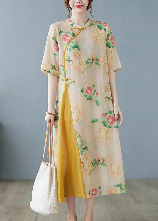 Vintage Yellow Print Patchwork Button Linen Long Dress Half Sleeve Tunics Travel practical Vintage Yellow Print Patchwork Button Linen Long Dress Half Sleeve Tunics Travel practical