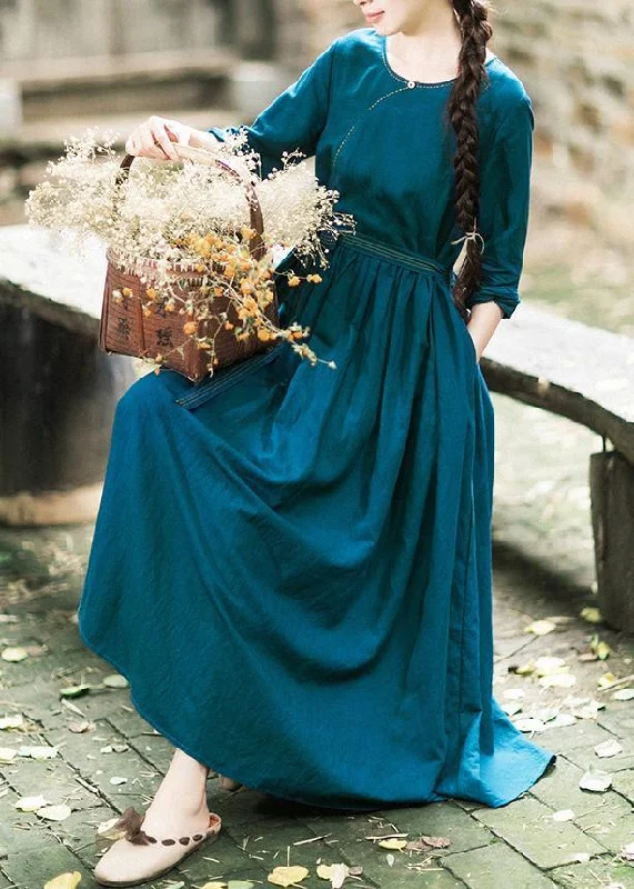 Vivid Tie Waist O Neck Spring Clothes Pattern Blue Dresses Tunics Satin smooth