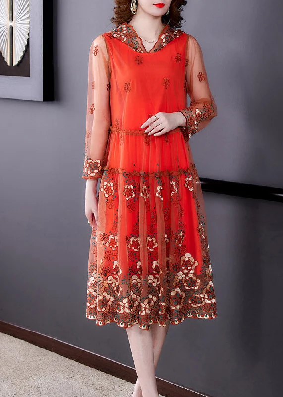 Vogue Orange Embroideried Floral Tulle Hooded Long Dresses Spring Tunics Long Elegant Vogue Orange Embroideried Floral Tulle Hooded Long Dresses Spring Tunics Long Elegant