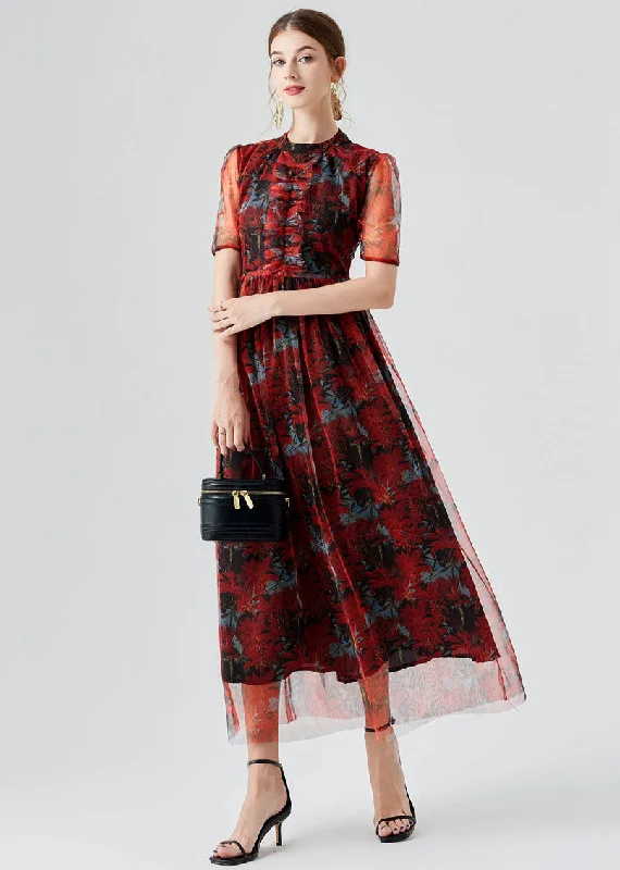 Vogue Red Ruffled Print Patchwork Tulle Long Dress Summer Tunics Solid Classic