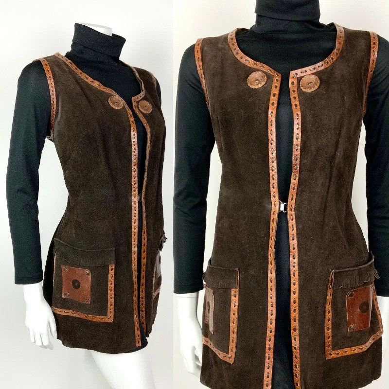 VTG 60s 70s BROWN ORANGE SUEDE LEATHER TASSLED BOHO FOLK WAISTCOAT DRESS 12 Boatneck Modish Everyday VTG 60s 70s BROWN ORANGE SUEDE LEATHER TASSLED BOHO FOLK WAISTCOAT DRESS 12 Boatneck Modish Everyday