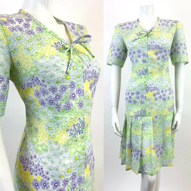 VTG 60s 70s GREEN PURPLE WHITE YELLOW FLORAL PSYCHEDELIC DROP WAIST DRESS 12 14 Tunics Stylish elegant VTG 60s 70s GREEN PURPLE WHITE YELLOW FLORAL PSYCHEDELIC DROP WAIST DRESS 12 14 Tunics Stylish elegant