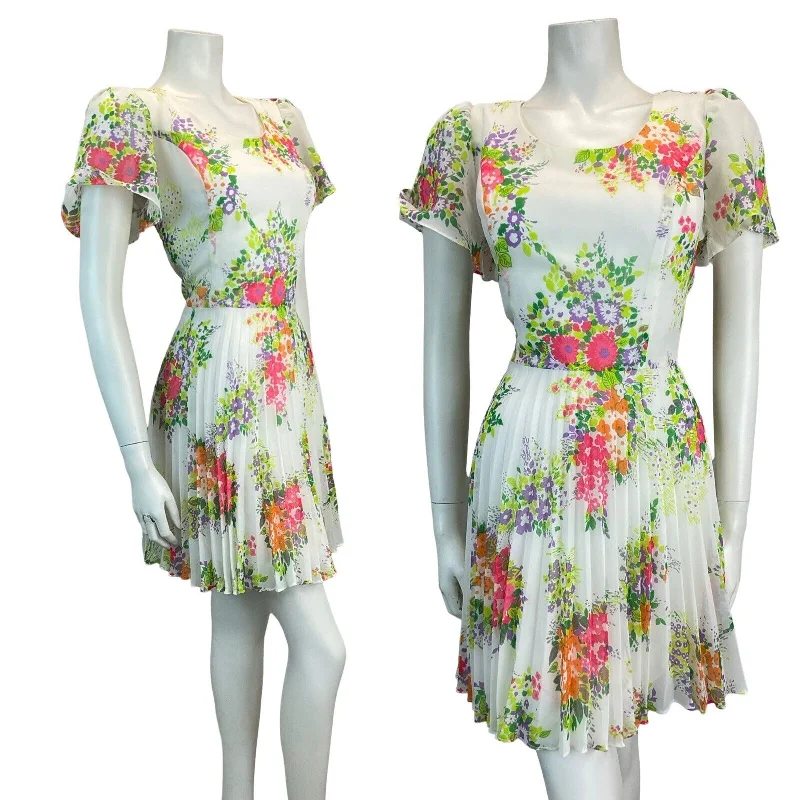 VTG 70S SPRING SUMMER SUN FLORAL CAPE SLEEVE MINI DRESS 10 12 Tunics Trendy modern
