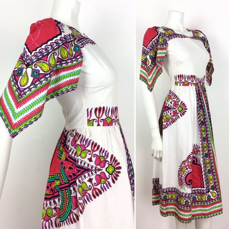 VTG 70S WHITE PINK GREEN COTTON KAFTAN DASHIKI FESTIVAL CAPE SLEEVE DRESS 6 Tunics Canvas sturdy