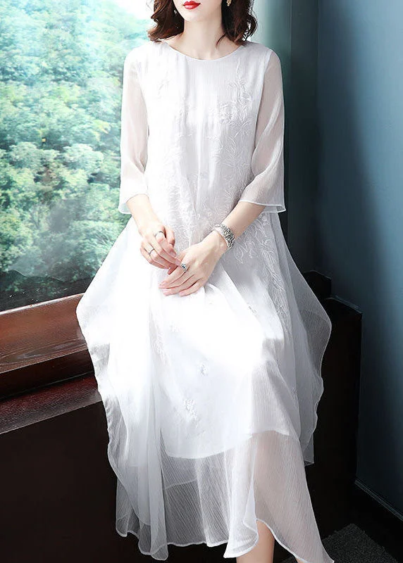 White Chiffon Long Dress Embroideried Asymmetrical Design Summer Tunics Print Colorful White Chiffon Long Dress Embroideried Asymmetrical Design Summer Tunics Print Colorful
