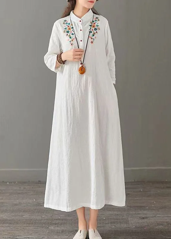 White Patchwork Cotton Long Dress Embroideried Stand Collar Fall Crew Neckline Casual White Patchwork Cotton Long Dress Embroideried Stand Collar Fall Crew Neckline Casual