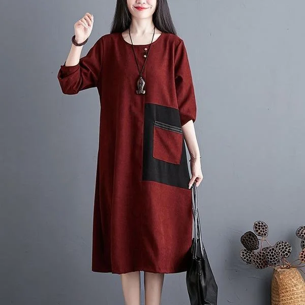 Women Autumn Casual Dresses Patchwork Pocket Loose Comfortable Female Cotton Linen Long Dress Cowl Neckline Elegant Women Autumn Casual Dresses Patchwork Pocket Loose Comfortable Female Cotton Linen Long Dress Cowl Neckline Elegant