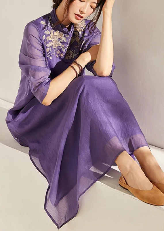 Women Beige Embroideried Patchwork Button Summer Long Dress Square Neckline Feminine
