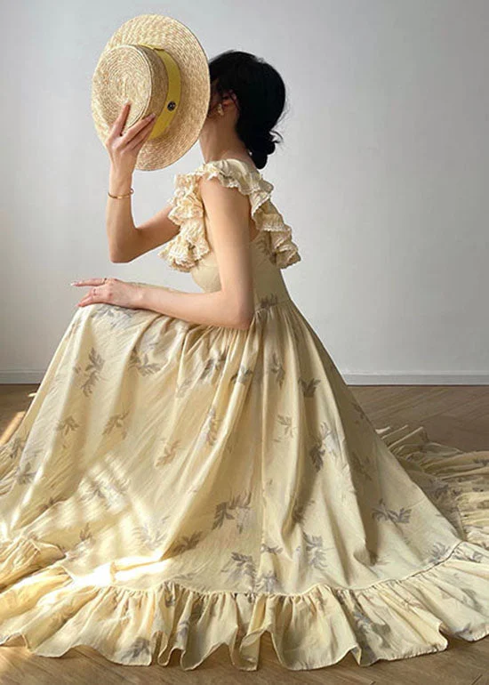 Women Beige Ruffled Backless Print Exra Large Hem Silk Long Dresses Summer A-Line Day Work Women Beige Ruffled Backless Print Exra Large Hem Silk Long Dresses Summer A-Line Day Work