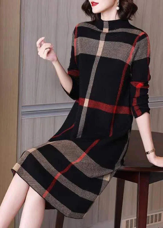 Women Black High Neck Print Knit Long Dresses Spring Boat Neckline Classic