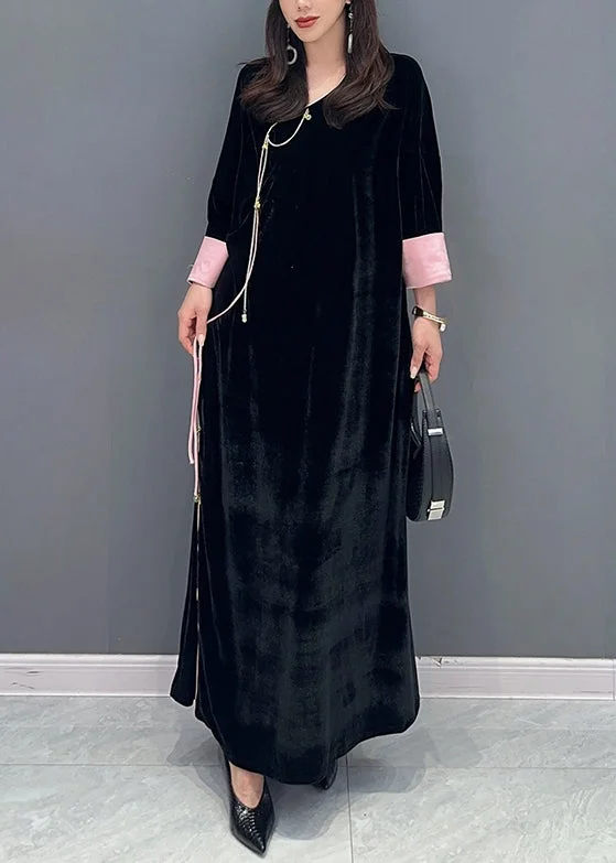 Women Black Lace Up Side Open Patchwork Velour Long Dress Fall Shift Classic Vintage Women Black Lace Up Side Open Patchwork Velour Long Dress Fall Shift Classic Vintage