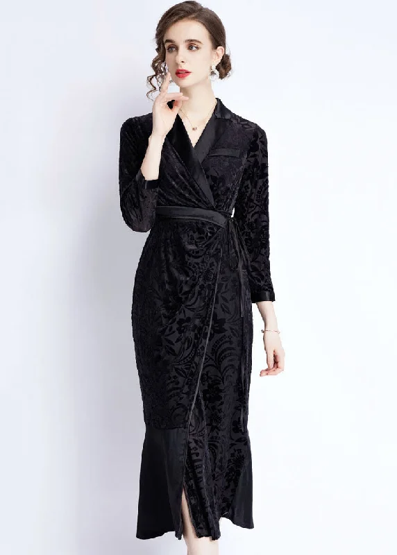 Women Black Notched Lace Up Jacquard Patchwork Silk Long Dresses Fall Off-the-shoulder Chic Trendy Women Black Notched Lace Up Jacquard Patchwork Silk Long Dresses Fall Off-the-shoulder Chic Trendy