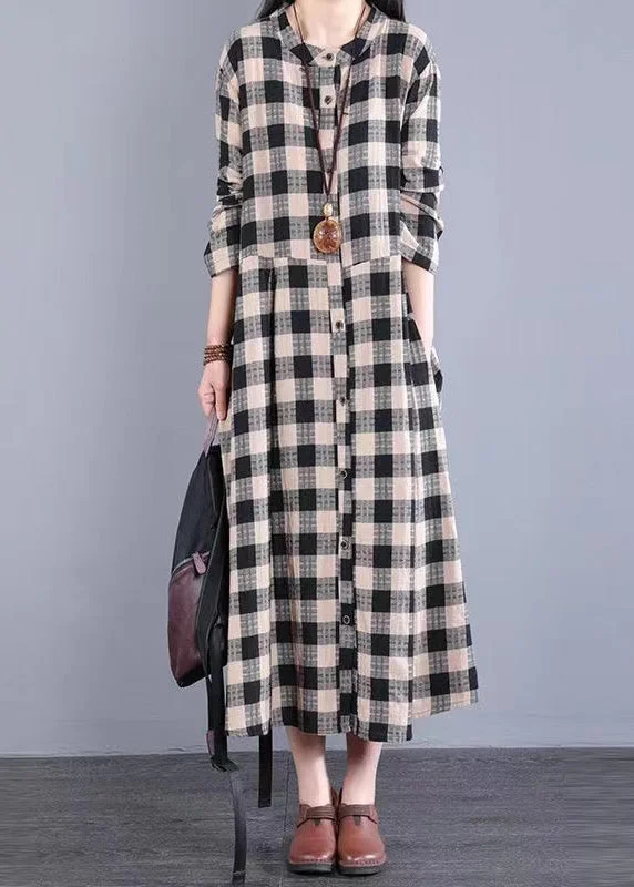 Women Black Plaid Stand Collar Patchwork Cotton Long Dresses Fall empire Waist empire Women Black Plaid Stand Collar Patchwork Cotton Long Dresses Fall empire Waist empire