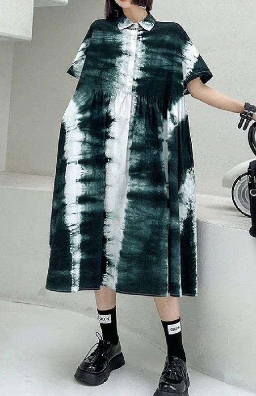 Women Black Tie Dye Cotton Turn-down Collar Summer Long Dresses Floral Print girly