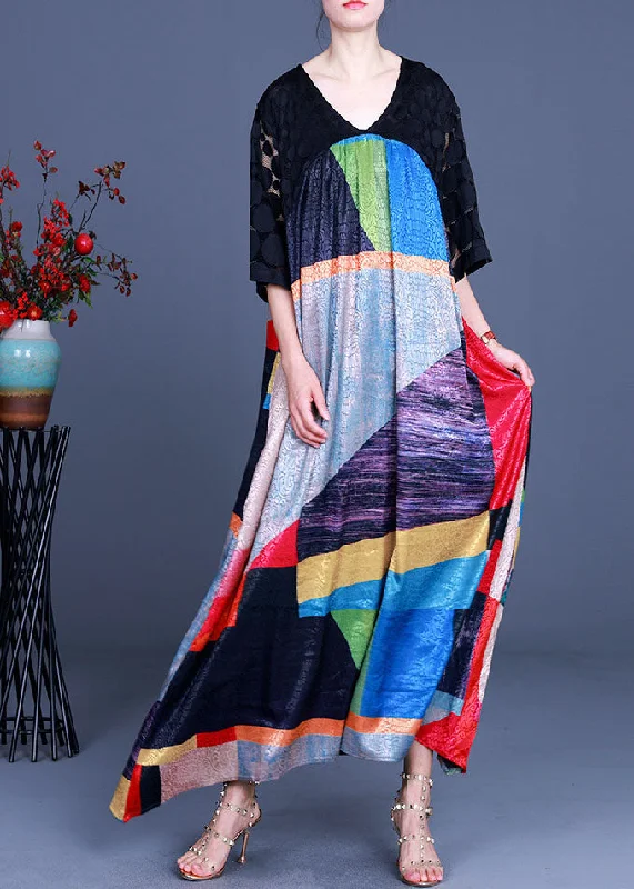 Women Black V Neck Patchwork Long Dress Half Sleeve Elegant Long Evening
