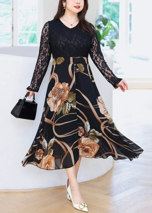 Women Black V Neck Print Patchwork Lace Long Dresses Fall Tunics Stylish modern