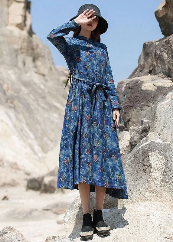 Women Blue Cinched Print Long Dresses Spring Tunics Luxurious high-end