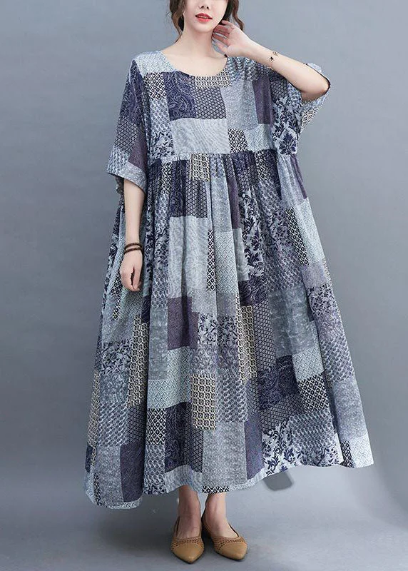 Women Blue Oversized Plaid Cotton Long Dress Summer Tunics Trendy modern