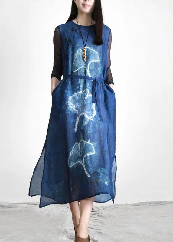Women Blue Print tie waist Linen side open Summer Ankle Dress Casual Short Summer