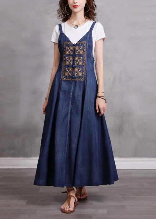 Women Blue V Neck Embroideried Spaghetti Strap Cotton Long Dress Sleeveless Tunics Practical easy-care Women Blue V Neck Embroideried Spaghetti Strap Cotton Long Dress Sleeveless Tunics Practical easy-care