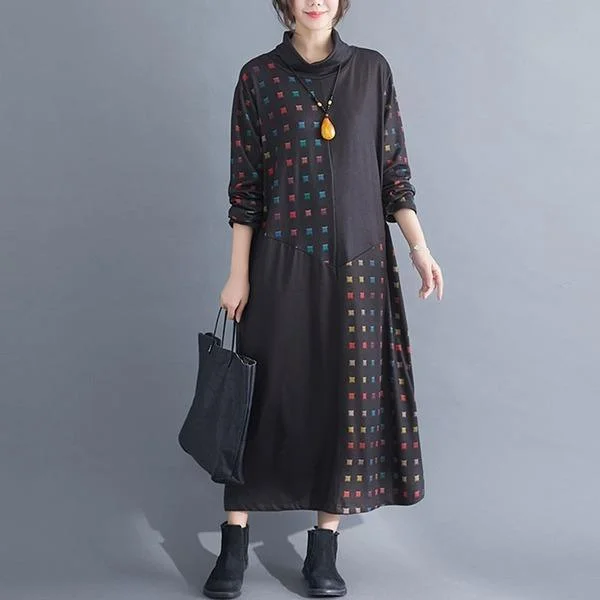 Women Casual Long Dress New Arrival Style Turtleneck Patchwork Print Loose Female Dresses Tunics Cozy comfortable Women Casual Long Dress New Arrival Style Turtleneck Patchwork Print Loose Female Dresses Tunics Cozy comfortable