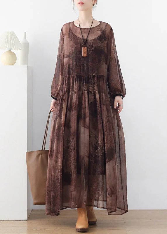Women Coffee O-Neck Print Chiffon Long Dress And Spaghetti Strap Dress Two Pieces Set Long Sleeve Tunics Chic fashionable Women Coffee O-Neck Print Chiffon Long Dress And Spaghetti Strap Dress Two Pieces Set Long Sleeve Tunics Chic fashionable