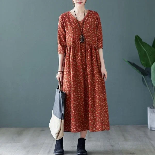 Women Cotton Linen Casual Dress V-neck Loose Ladies Elegant A-line Long Dresses Tunics Versatile functional Women Cotton Linen Casual Dress V-neck Loose Ladies Elegant A-line Long Dresses Tunics Versatile functional