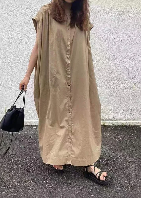 Women easy Khaki Button Cotton long Dress Short Sleeve Tunics Recommended stylist