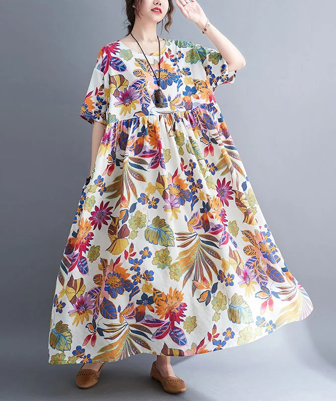 Women Fashion Floral Print Boho Long Dress Short Sleeve Tunics Handmade artisanal